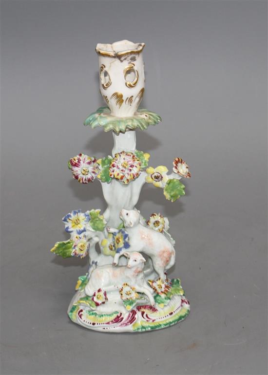 An early Derby figural sheep and tree candlestick, c.1758, 21.5cm